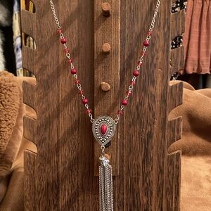 Elegant Silver and Red Beaded Necklace